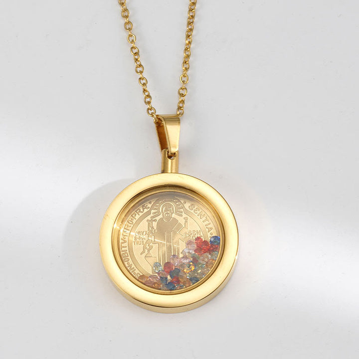 Gold Round Reversible Necklace: Our Lady and St. Benedict