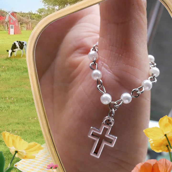 Cross Pearl Finger Chain Ring Thumb/Finger Rosary