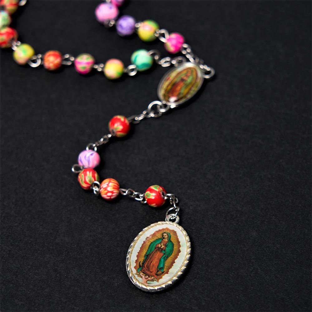 Discount Today: Christian Art Our Lady of Guadalupe & Crucifix of 6 mm Round Multicolor Polymer Clay Alloy Chain Rosary