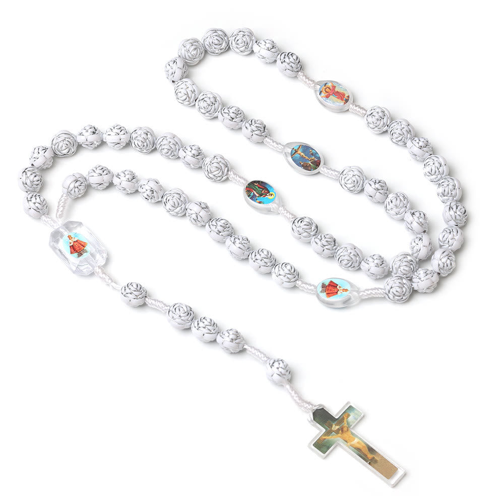 White Silver Rose-shaped Beads Christ Prayer Rosary