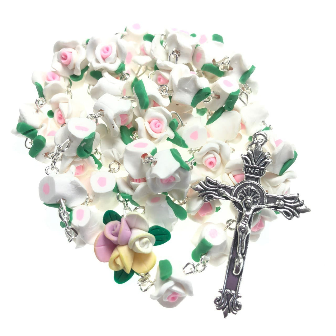 Christian Art Crucifix of 8 mm Rose Multicolor Polymer Clay Alloy Chain Rosary