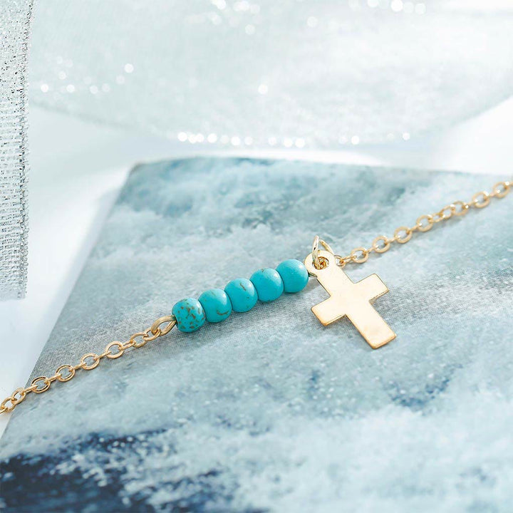 Simple Handmade Turquoise Beaded Cross Charm Bracelet