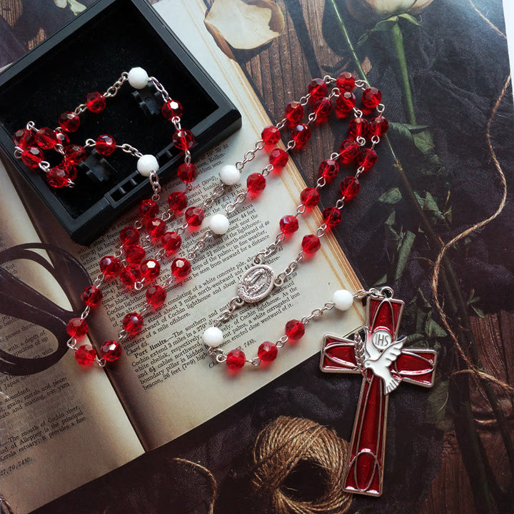 FREE Today: IHS Holy Spirit Dove Cross Pendant Red Beads Rosary