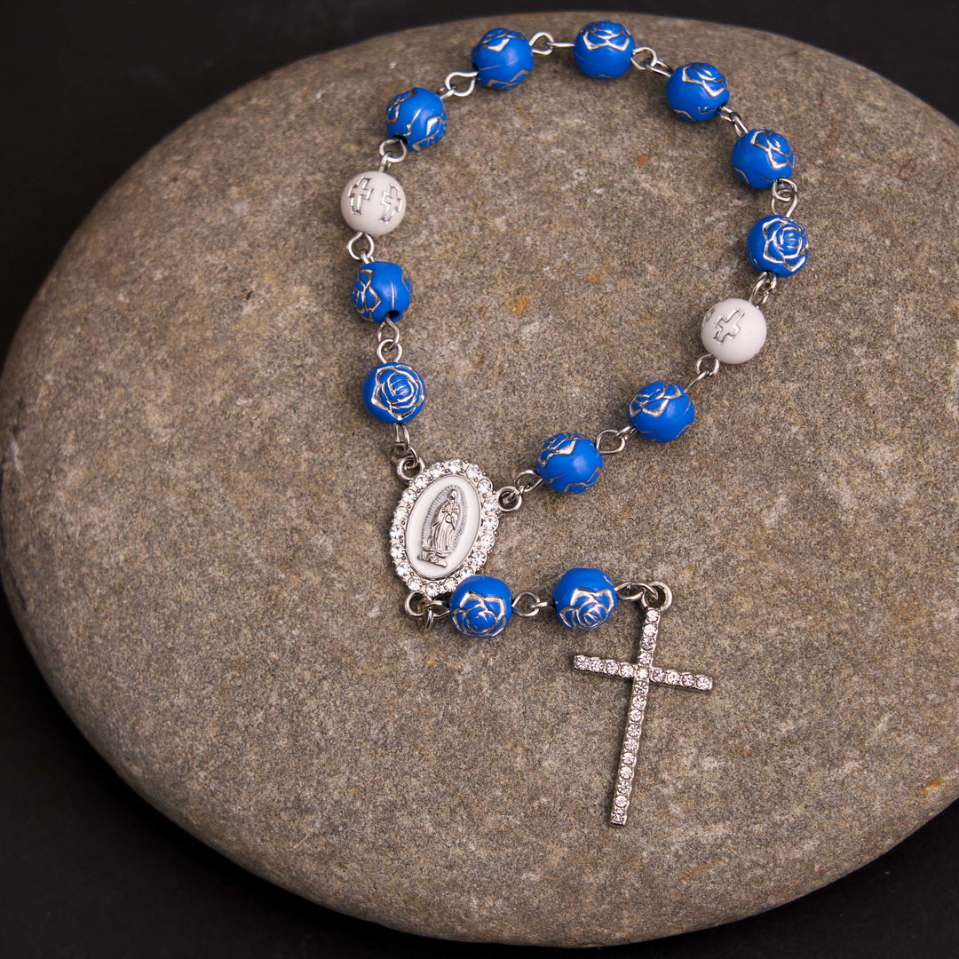 Rose Beads Cross Our Lady Of Guadalupe Bracelet Rosary