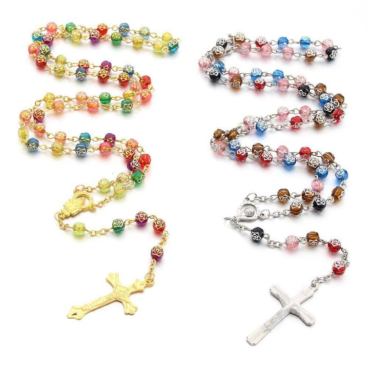 Two-tone Rose Shaped Multicolored Beads Rosary