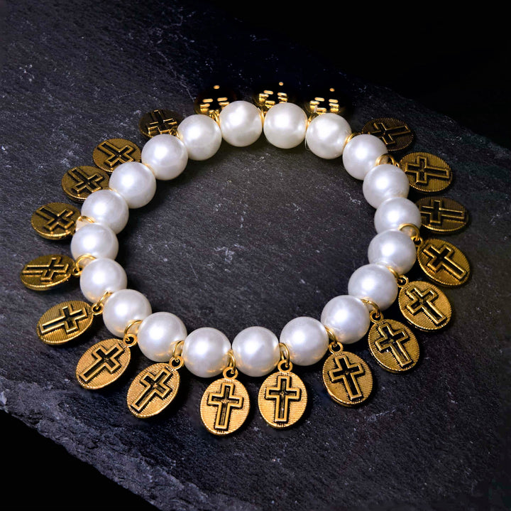 Christian Art Retro Style Saint Jesus Mary Medals Cross Pearl Bracelet