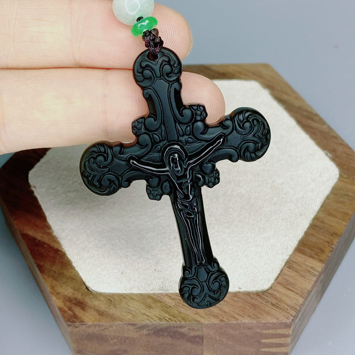 Christian Art Classic Style Crafted Obsidian Crucifix Pendant Necklace