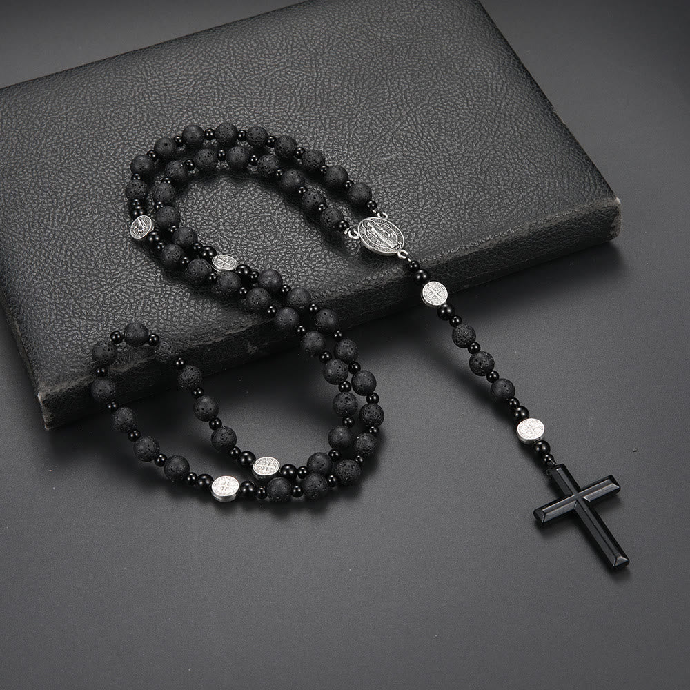 Discount Today: Christian Art St. Benedict Medal & Cross of 8 mm Round Black Multi-material Nylon Cord Rosary