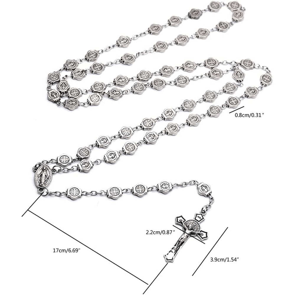 Christian Art St. Benedict Medal & Crucifix of 8 mm Polyhedron Silver Metal Alloy Chain Rosary