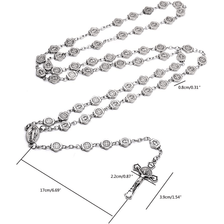 Christianartworkshop St. Benedict Medal & Crucifix of 8 mm Polyhedron Silver Metal Alloy Chain Rosary