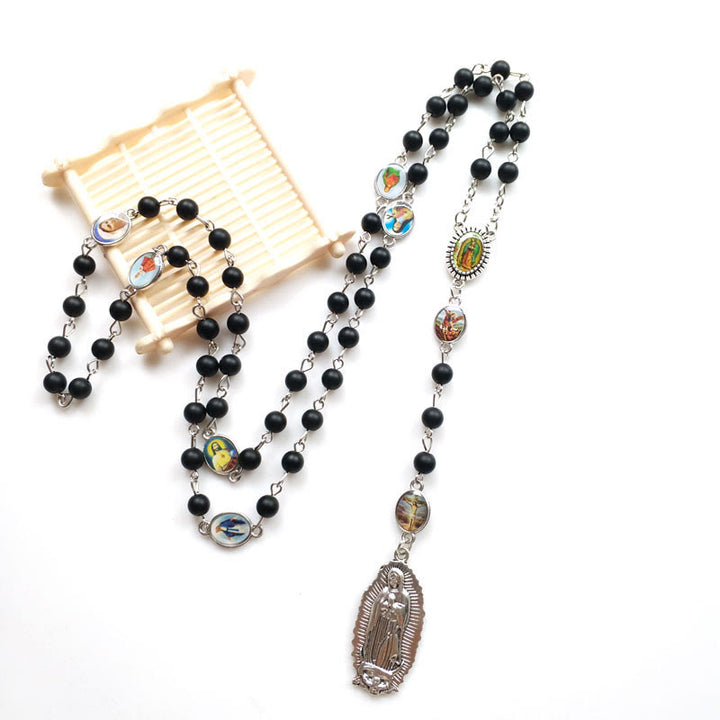 Christian Art Our Lady of Guadalupe of 6 mm Round Black Agate Alloy Chain Rosary