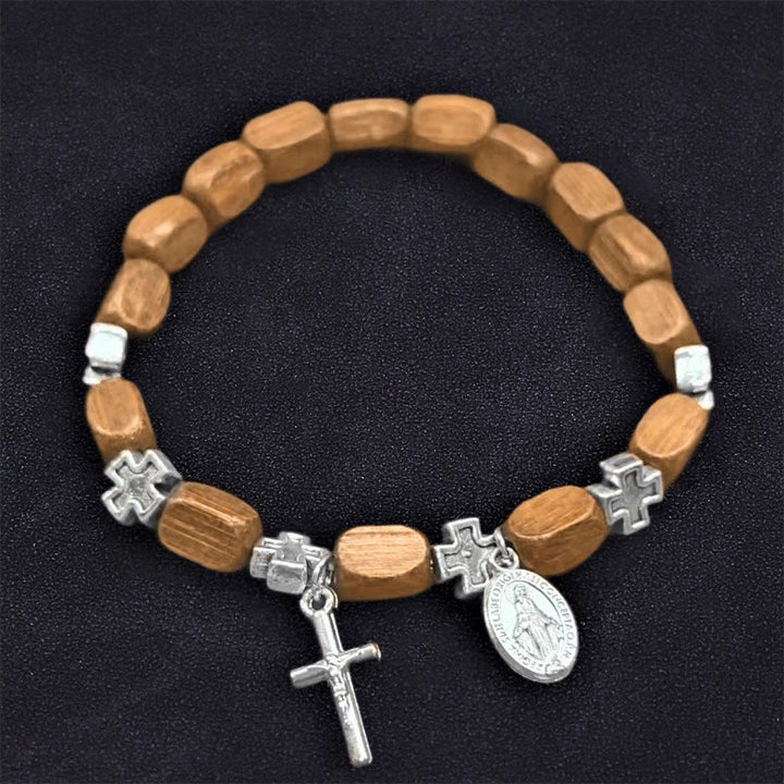 Christian Art Retro Style Rectangular Wooden Bead Madonna Prayer Bracelet