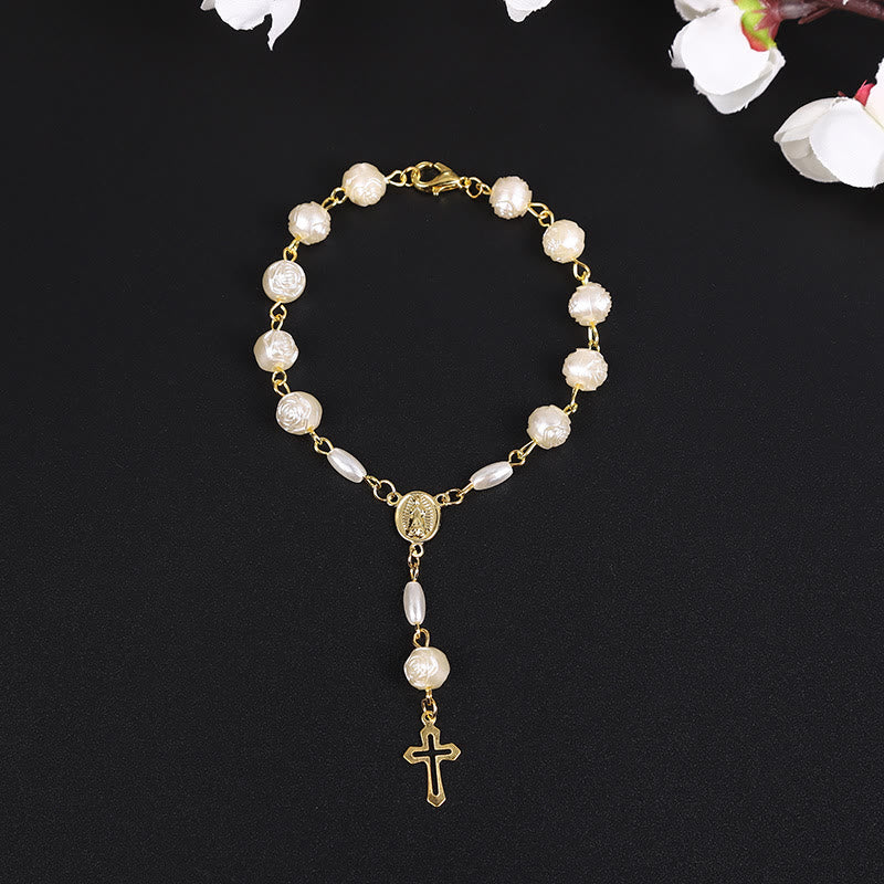 Rose Beads Cross Baptism Rosary Bracelet