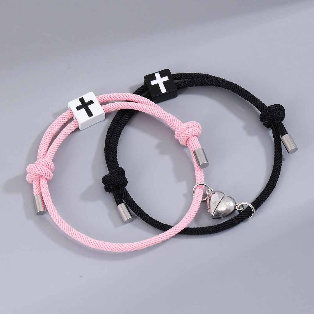 Christian Art Minimalist Style Heart Magnet Alloy Cross Adjustable Couple Bracelet