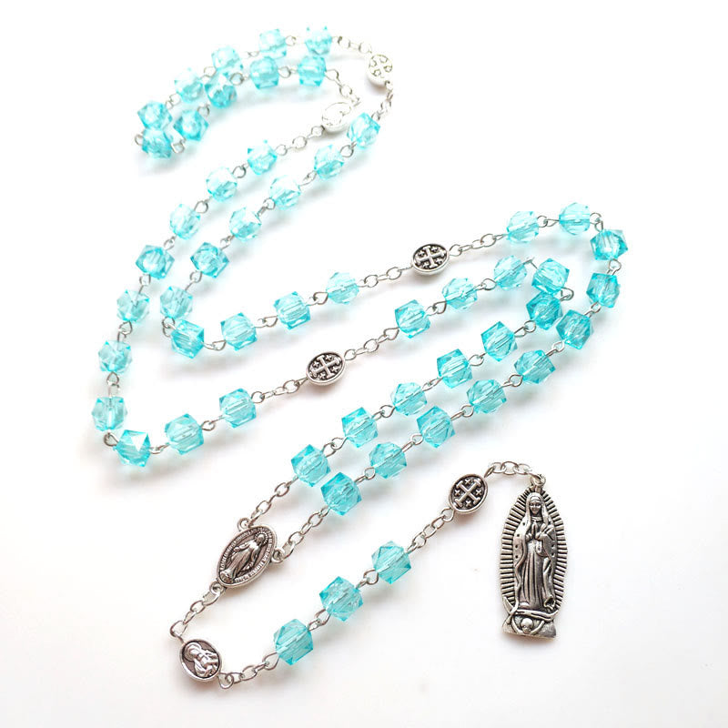 Miraculous Medal & Our Lady of Guadalupe of 8 mm Polyhedron Blue Crystal Alloy Chain Rosary