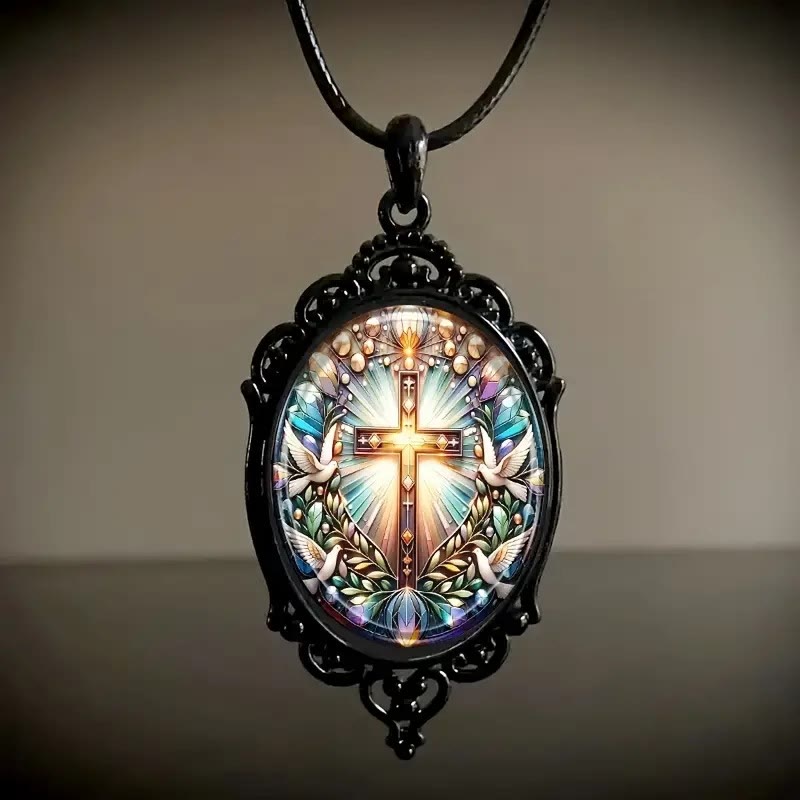 Retro Style Cross & Holy Dove Glass Pendant Necklace