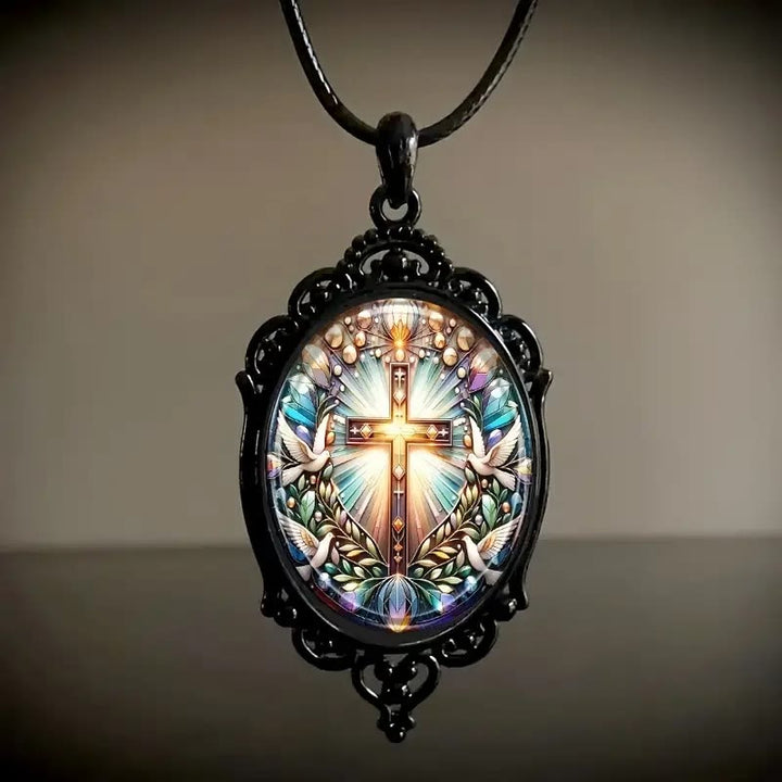 Retro Style Cross & Holy Dove Glass Pendant Necklace