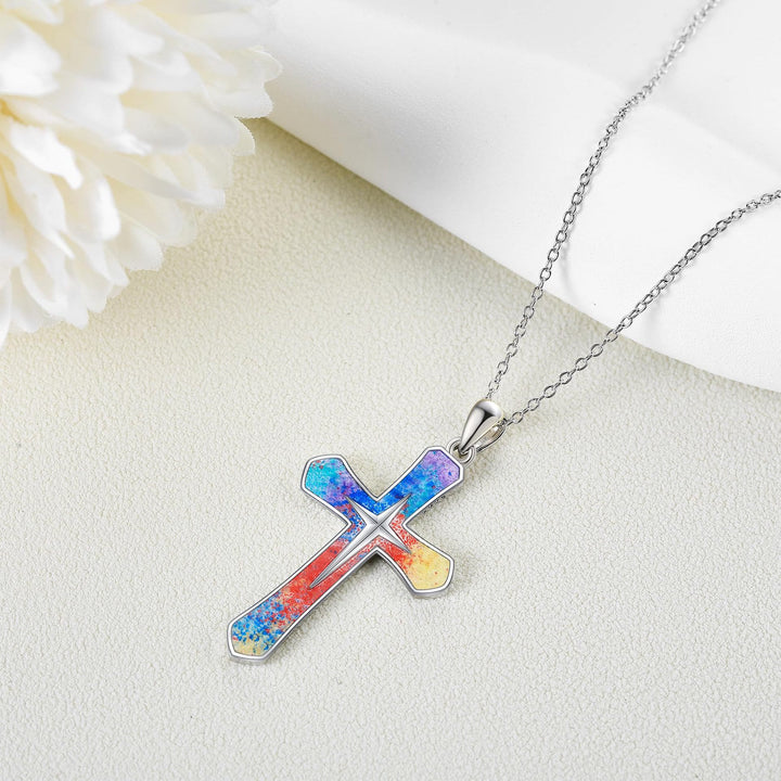 Christian Art Minimalist Style Rainbow Cross Alloy Pendant Necklace