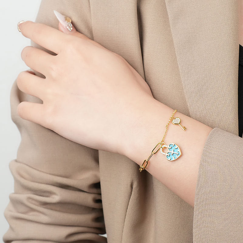 Turquoise Cross Heart-Lock Bracelet with Zirconia Key