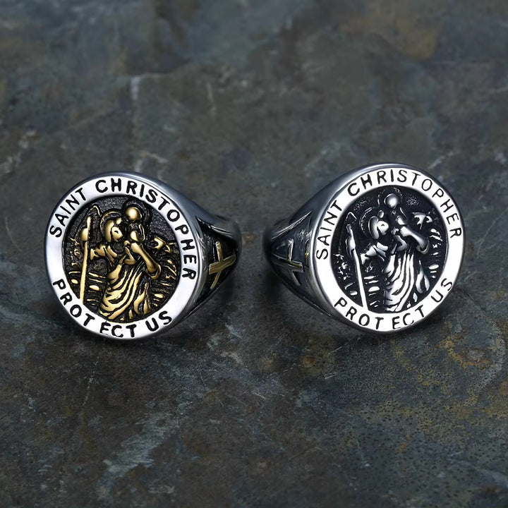 Saint Christopher Protect Us Medal Signet Ring