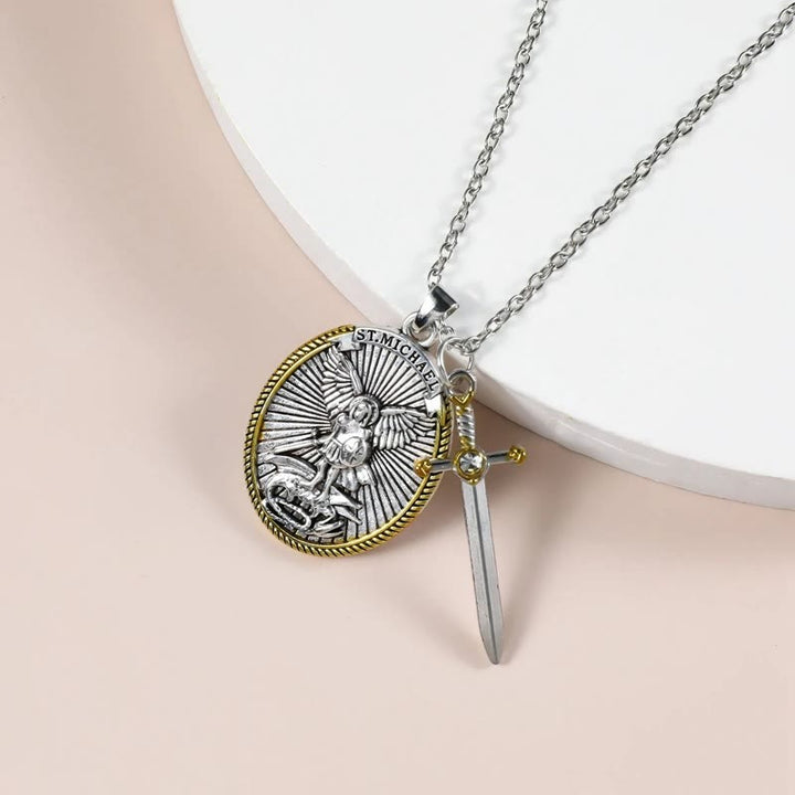 FREE Today: Two Tone Sword & Oval Shield St. Michael Pendant Necklace