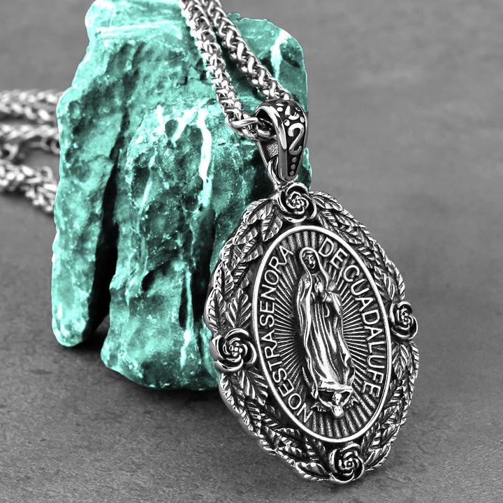 Delicate Rose Lace Our Lady of Guadalupe Titanium Necklace