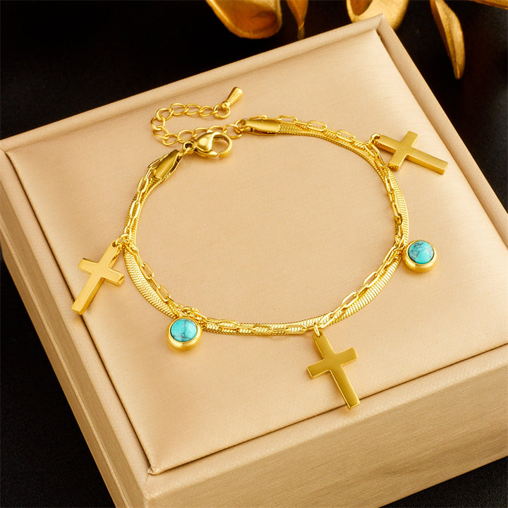 Christ Turquoise Embellished Double Layer Bracelet
