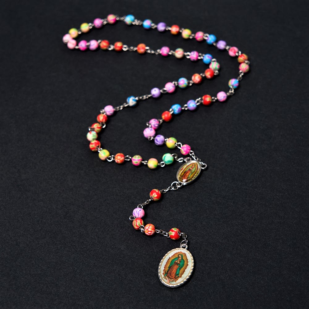 Christian Art Our Lady of Guadalupe & Crucifix of 6 mm Round Multicolor Polymer Clay Alloy Chain Rosary