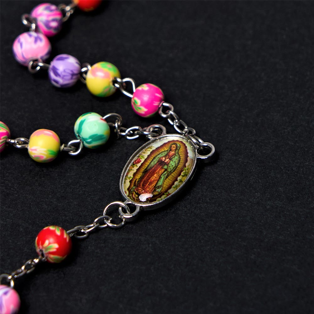 Christian Art Our Lady of Guadalupe & Crucifix of 6 mm Round Multicolor Polymer Clay Alloy Chain Rosary