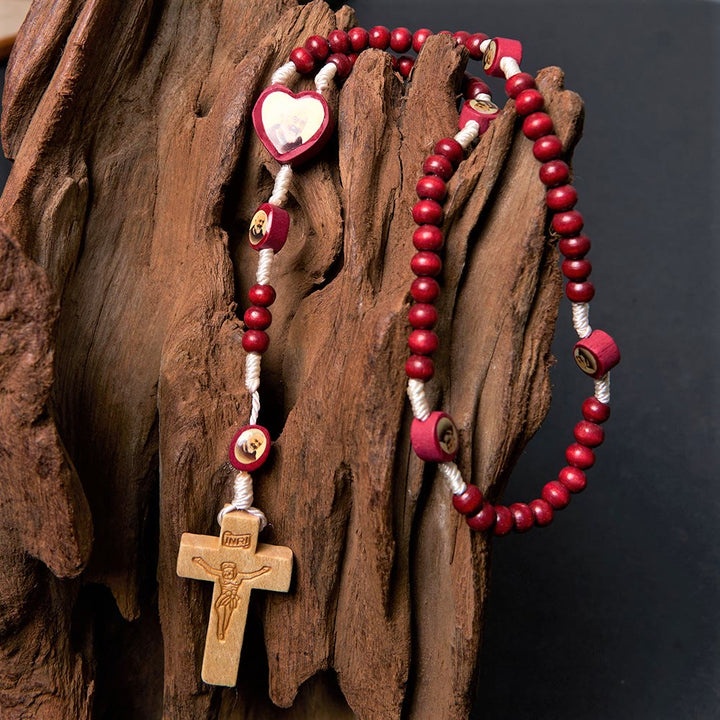 Christian Art Wine Red Wooden Beads Cross Virgin Mary Hand Held Rosary