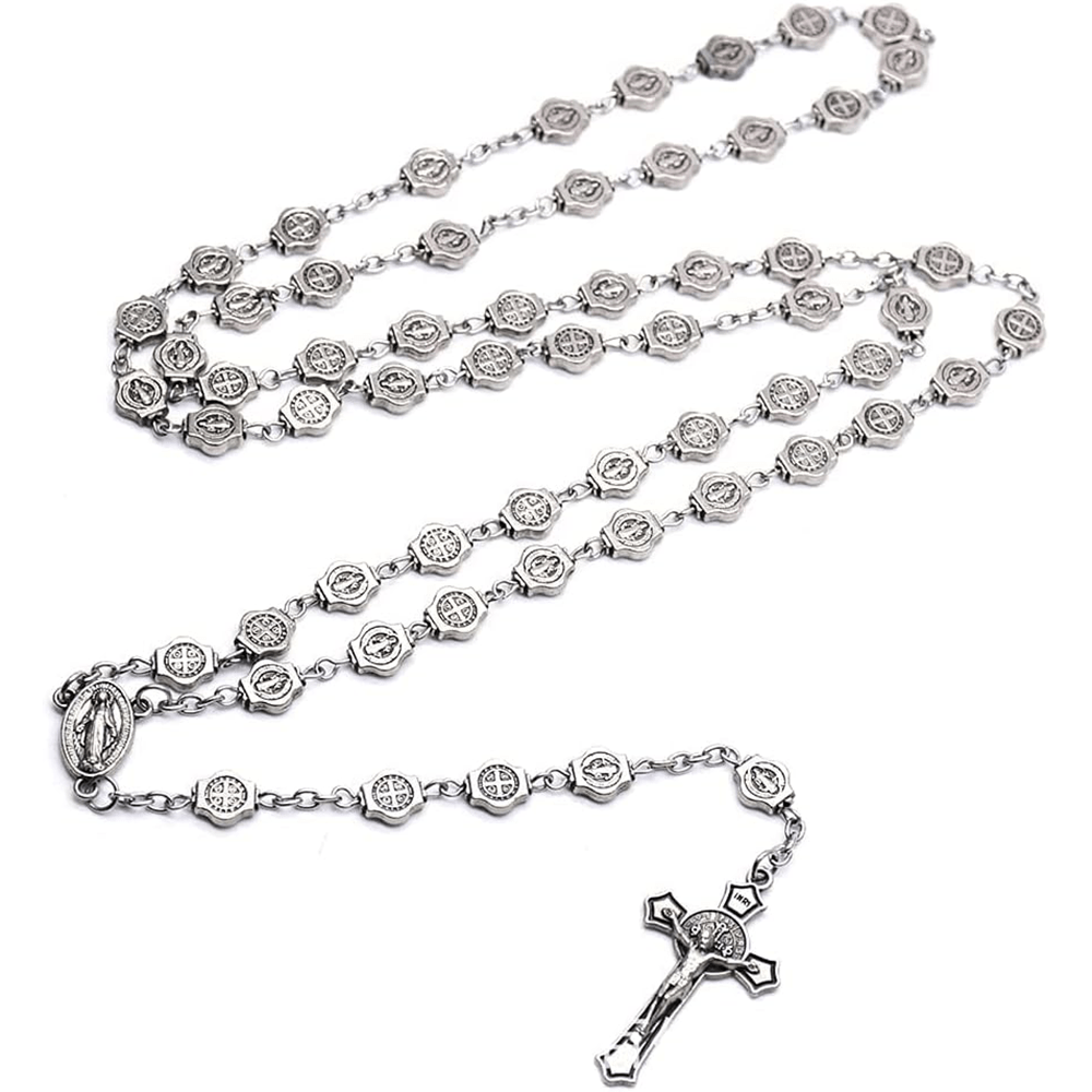 Christian Art St. Benedict Medal & Crucifix of 8 mm Polyhedron Silver Metal Alloy Chain Rosary