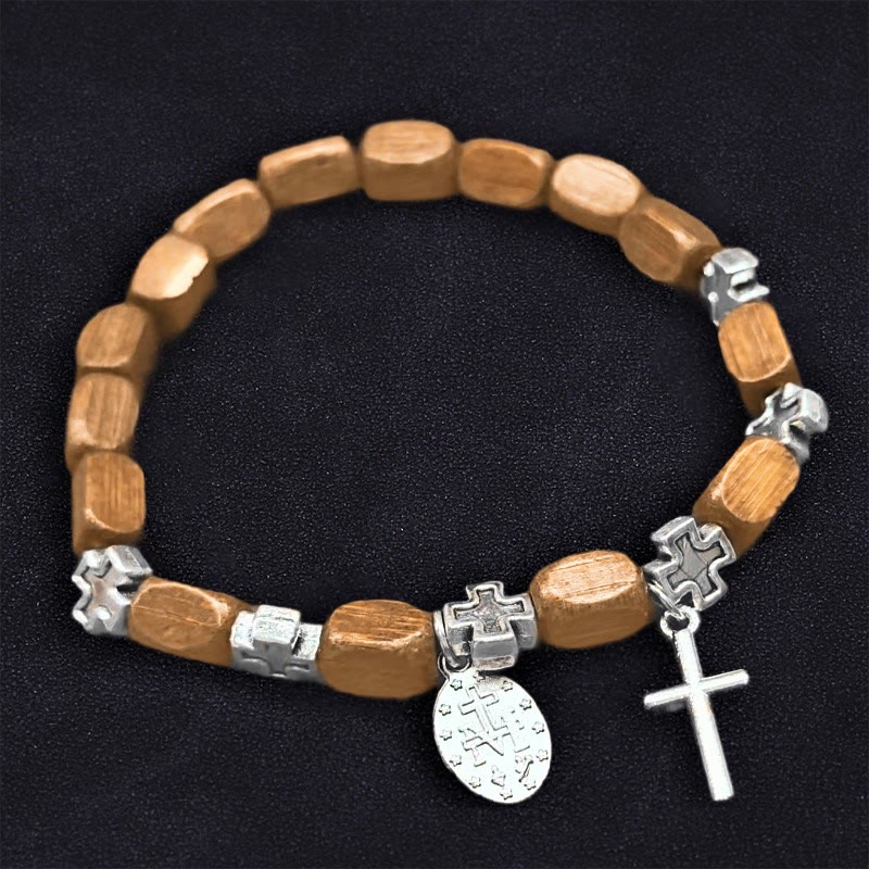 Christian Art Retro Style Rectangular Wooden Bead Madonna Prayer Bracelet