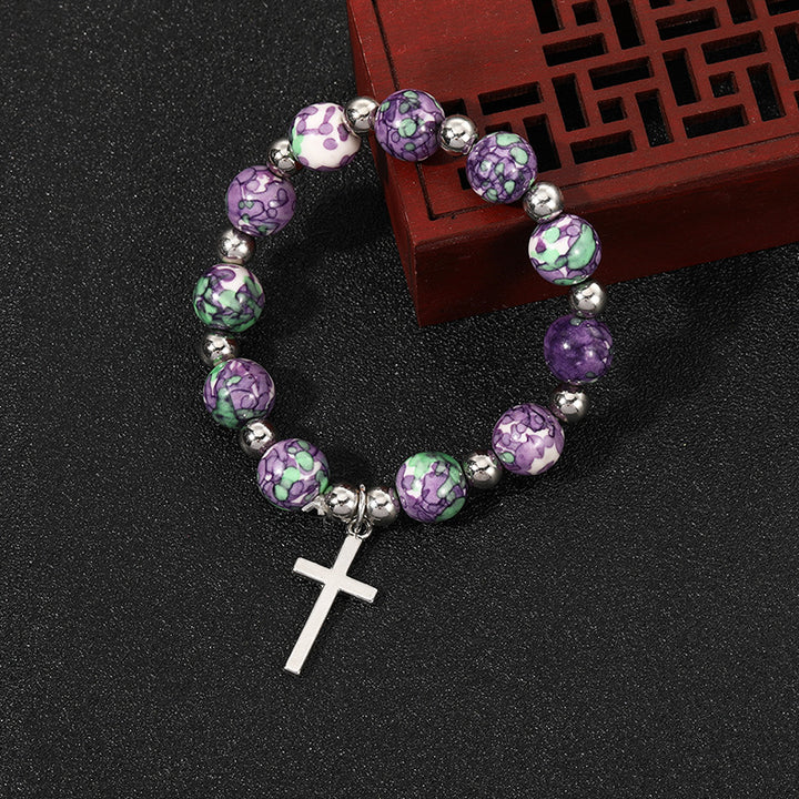 Discount Today: Christ Crucifix Prayer Beaded Purple Stones Bracelet