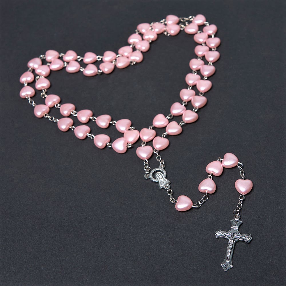 Christian Art Our Lady of Fátima & Crucifix of 10 mm Heart Pink Acrylic Alloy Chain Rosary