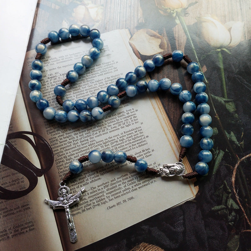 Discount Today: Blue Beads Hand-Woven Crucifix Rosary