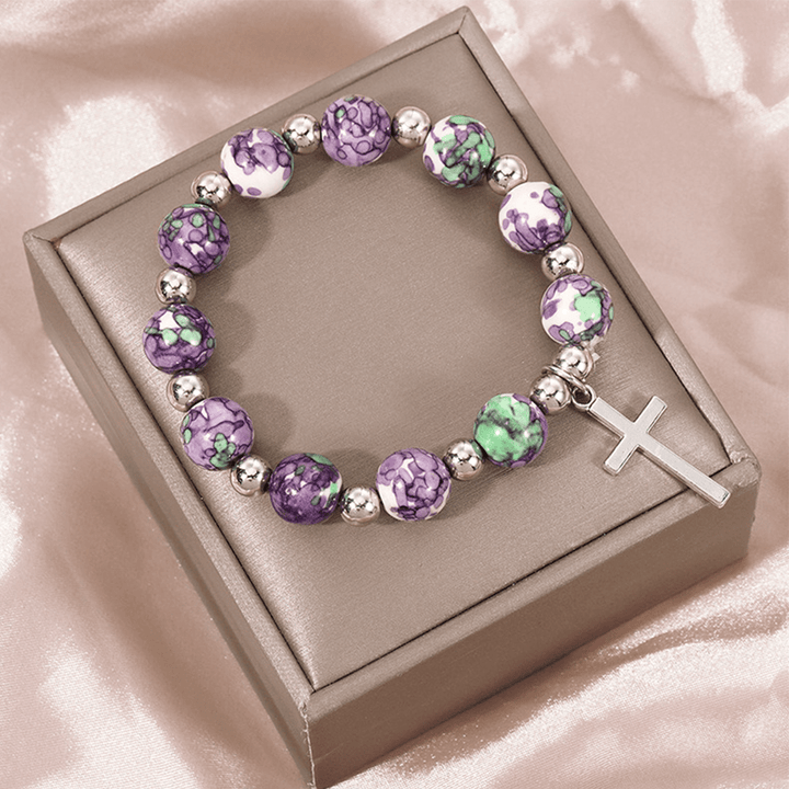 Discount Today: Christ Crucifix Prayer Beaded Purple Stones Bracelet