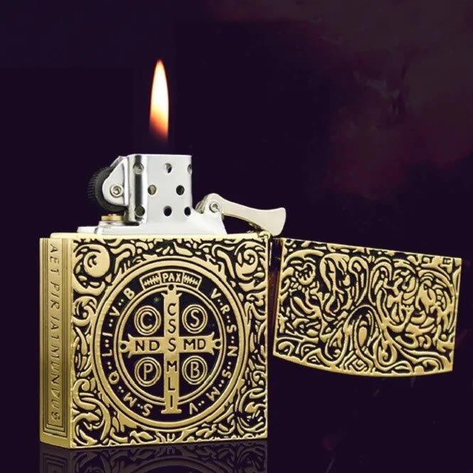 Carved St. Benedict Cross Medallion Solid Metal Cigarette Lighter