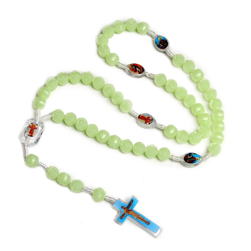 FREE Today: Christian Art Crucifix of 10 mm Rose Luminous Green Resin Nylon Cord Rosary