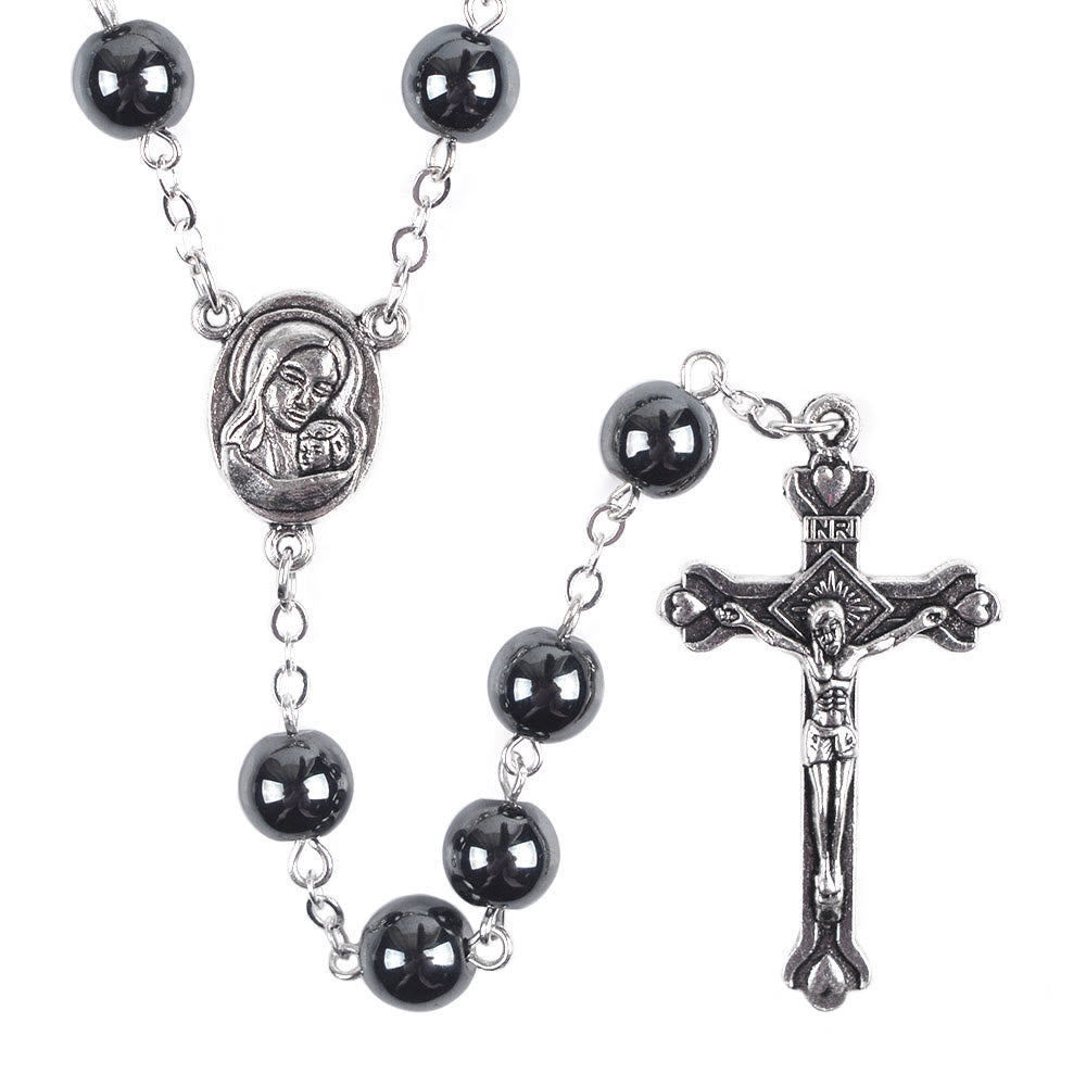 Christian Art Madonna and Child & Crucifix of 8 mm Round Black Hematite Alloy Chain Rosary