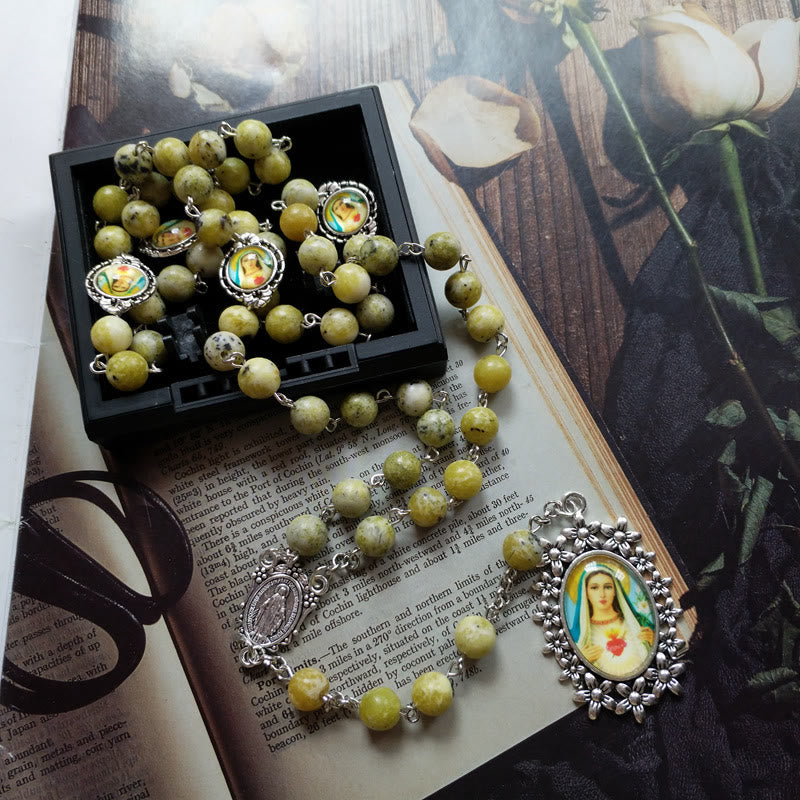 Christian Art Miraculous Medal & Immaculate Heart of Mary of 8 mm Round Yellow Variscite Alloy Chain Rosary