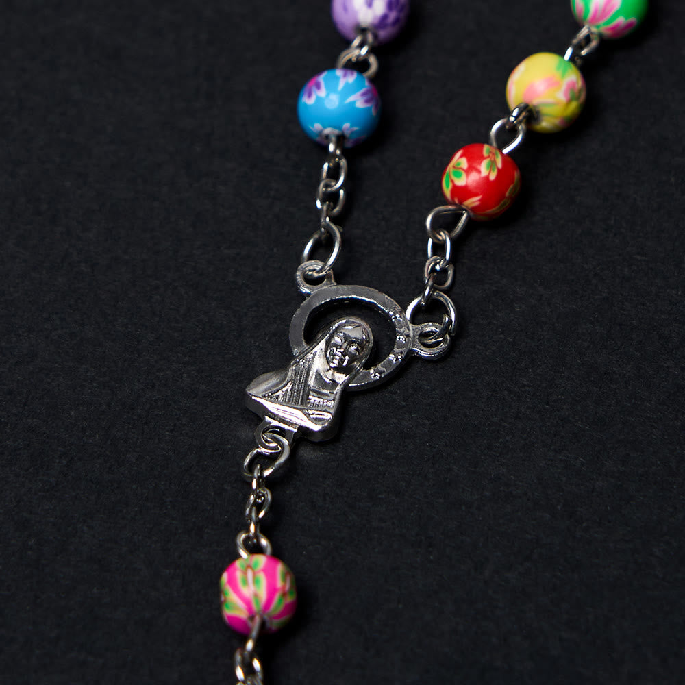 Discount Today: Christian Art Our Lady of Guadalupe & Crucifix of 6 mm Round Multicolor Polymer Clay Alloy Chain Rosary