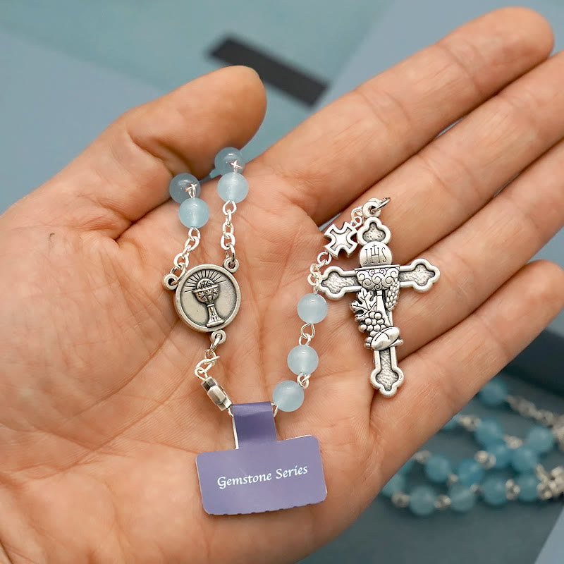 Christianartworkshop Blessing Rosary Cross in Light Blue Chalcedony