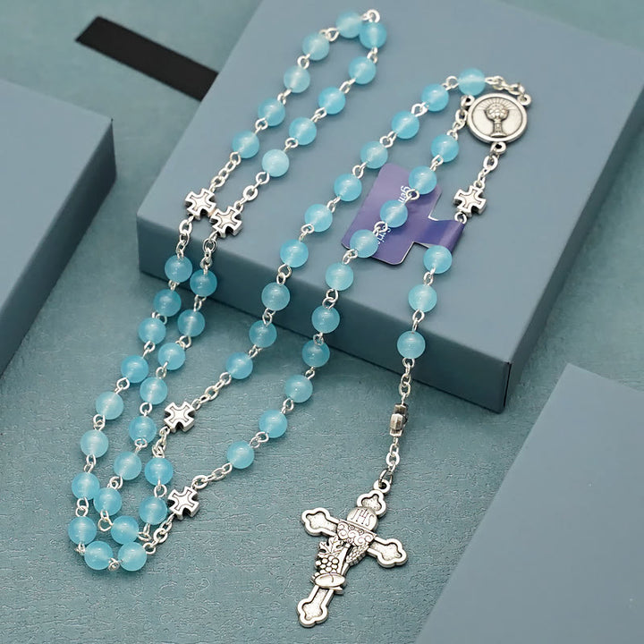 Christianartworkshop Blessing Rosary Cross in Light Blue Chalcedony