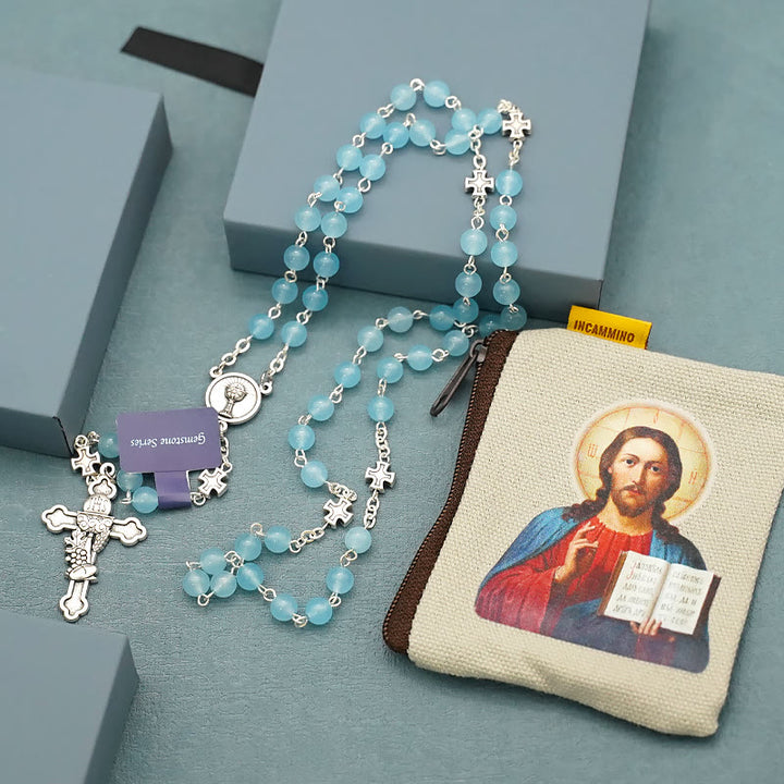 Christianartworkshop Blessing Rosary Cross in Light Blue Chalcedony