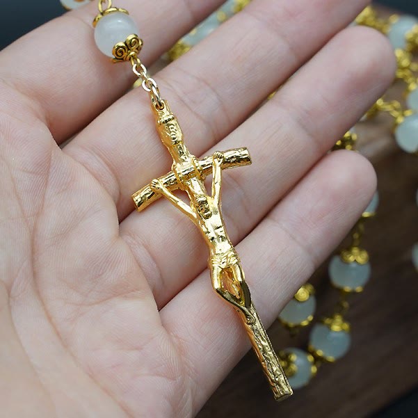 Christianartworkshop Faith & Charity: Natural White Chalcedony Catholic Rosary - image 2