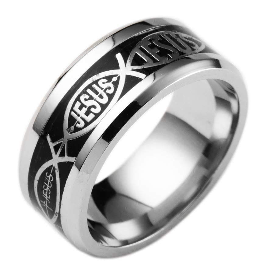 Christianartworkshop Rustic Stainless Steel Ring: "Jesus" in Fish