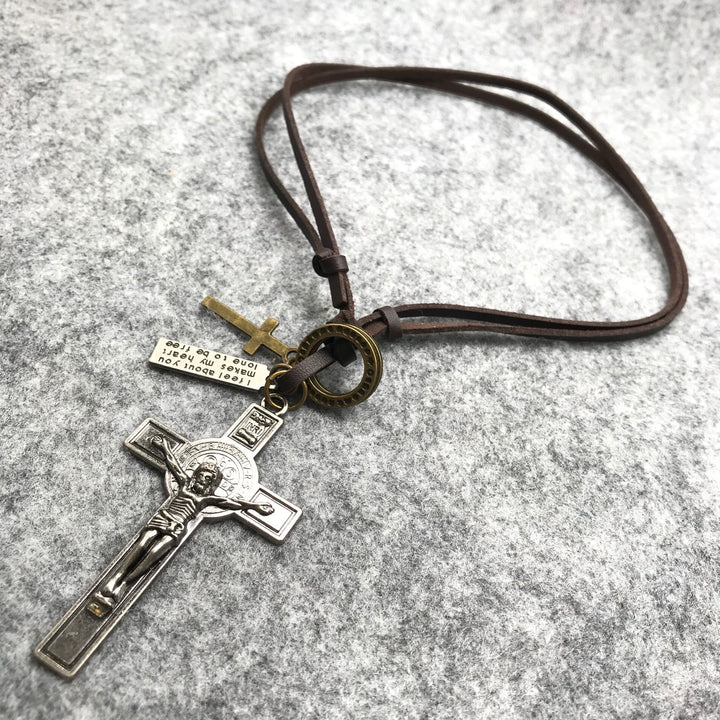 Christian Crucifix Pendant Multi-element Leather Necklace