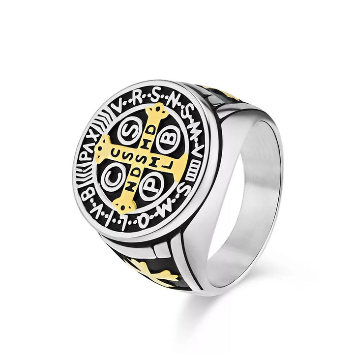 Christianartworkshop St. Benedict the Protector Titanium Ring - US 13 - Silver-gold - image 6
