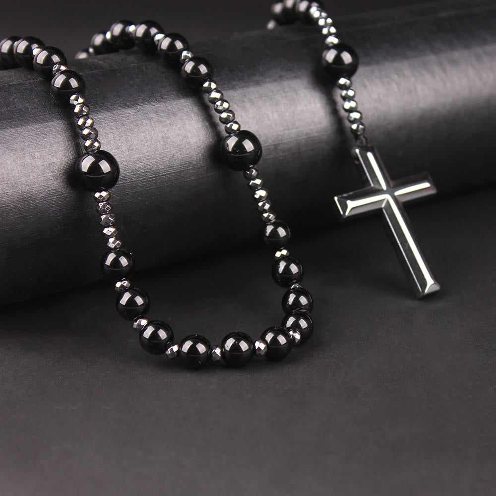 Handmade Catholic Rosary Necklace - First Communion Gift With Picasso Stone Beads, Pewter Cross, 24 Inch Length