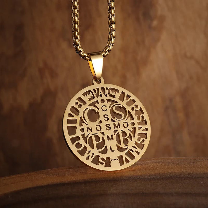 Christianartworkshop St. Benedict Symbol Openwork Pendant Necklace - Golden - image 0